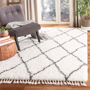 new Wild Sage Abigail Diamond 3ft x 5ft Shag Rug with Dark Gray lines on Ivory